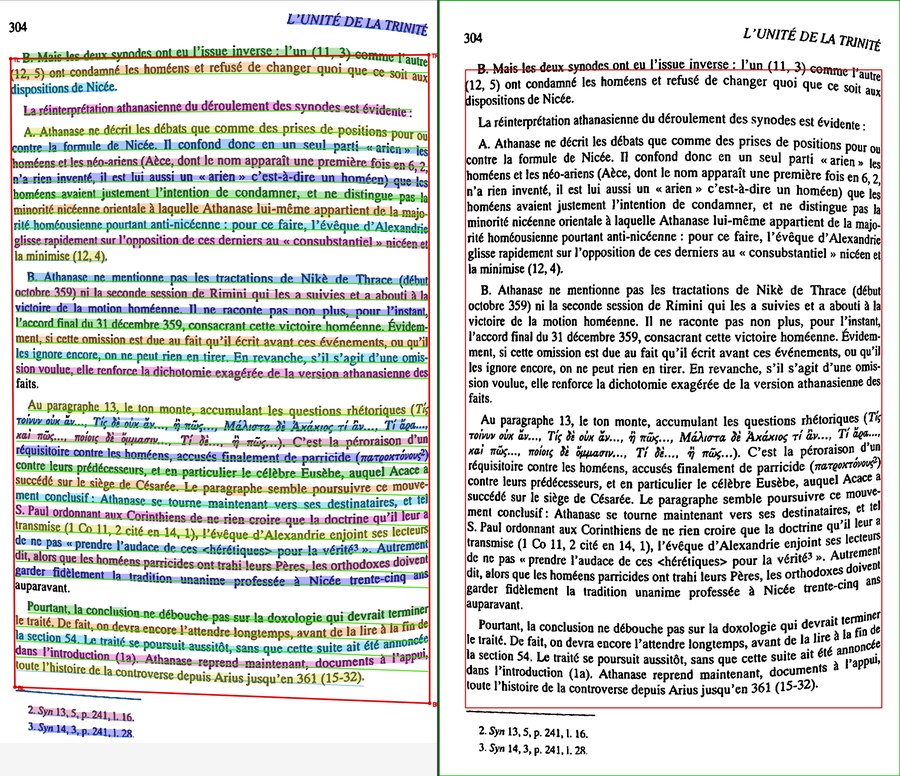 TrapezoidalCorrection: text-line baselines and the fitted column quadrilateral on a page before keystone rectification.